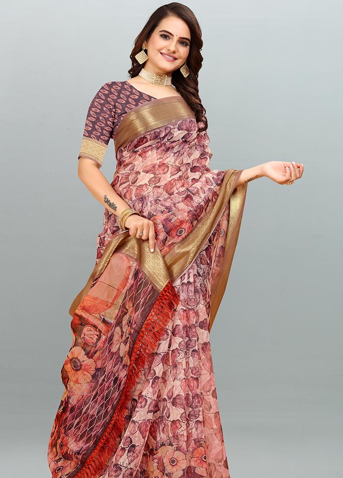 Peach Cotton Saree With Blouse Piece