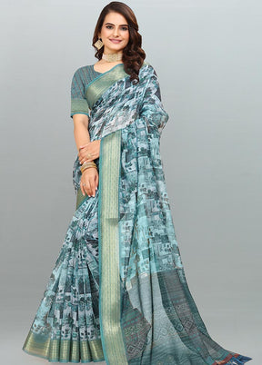 Sky Blue Cotton Saree With Blouse Piece