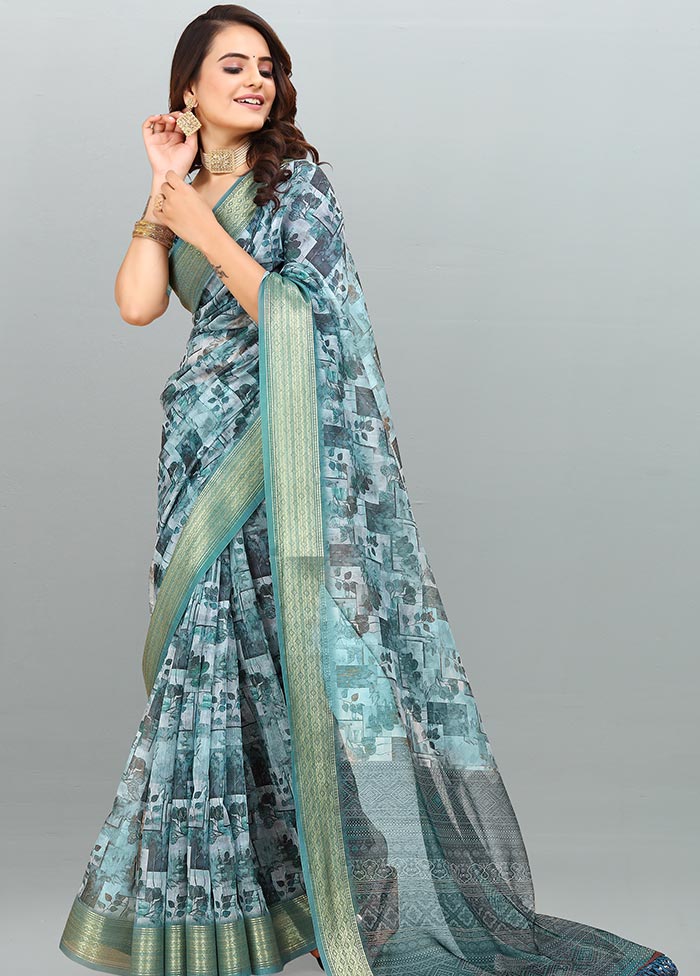 Sky Blue Cotton Saree With Blouse Piece