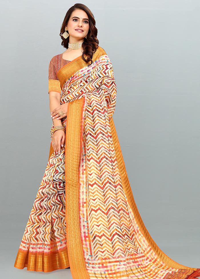 Orange Cotton Saree With Blouse Piece