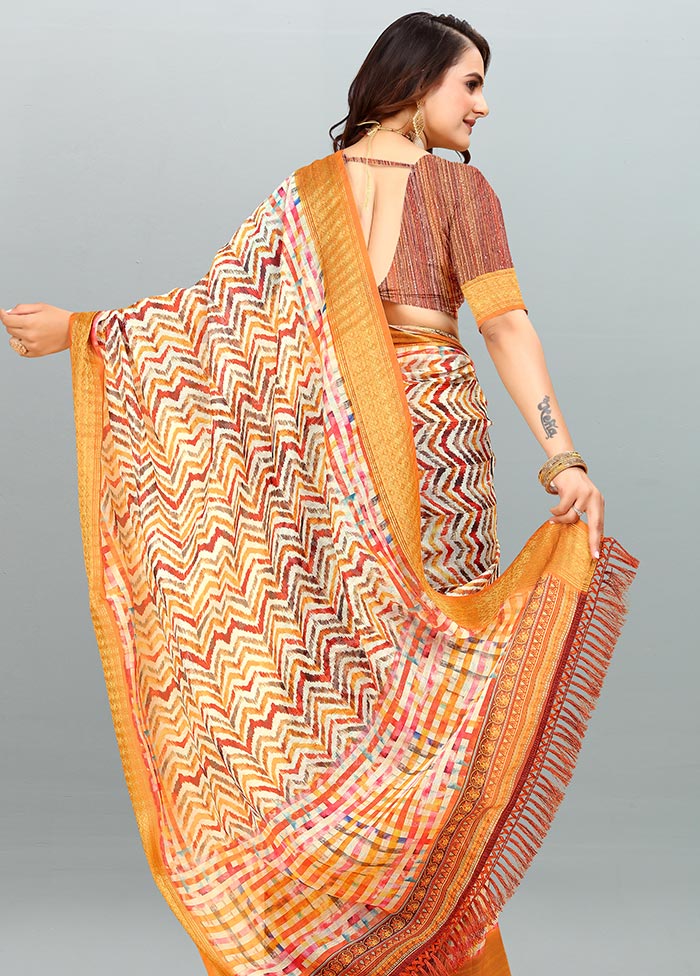 Orange Cotton Saree With Blouse Piece