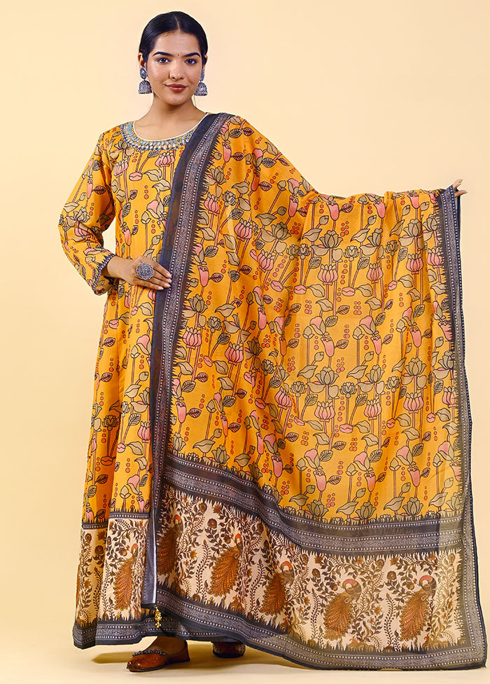 2 Pc Orangish Yellow Chanderi Silk Anarkali Set