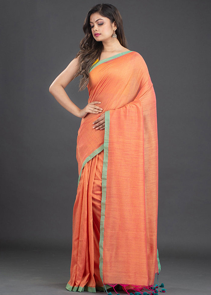 Fire Orange Pure Cotton Solid Saree With Blouse