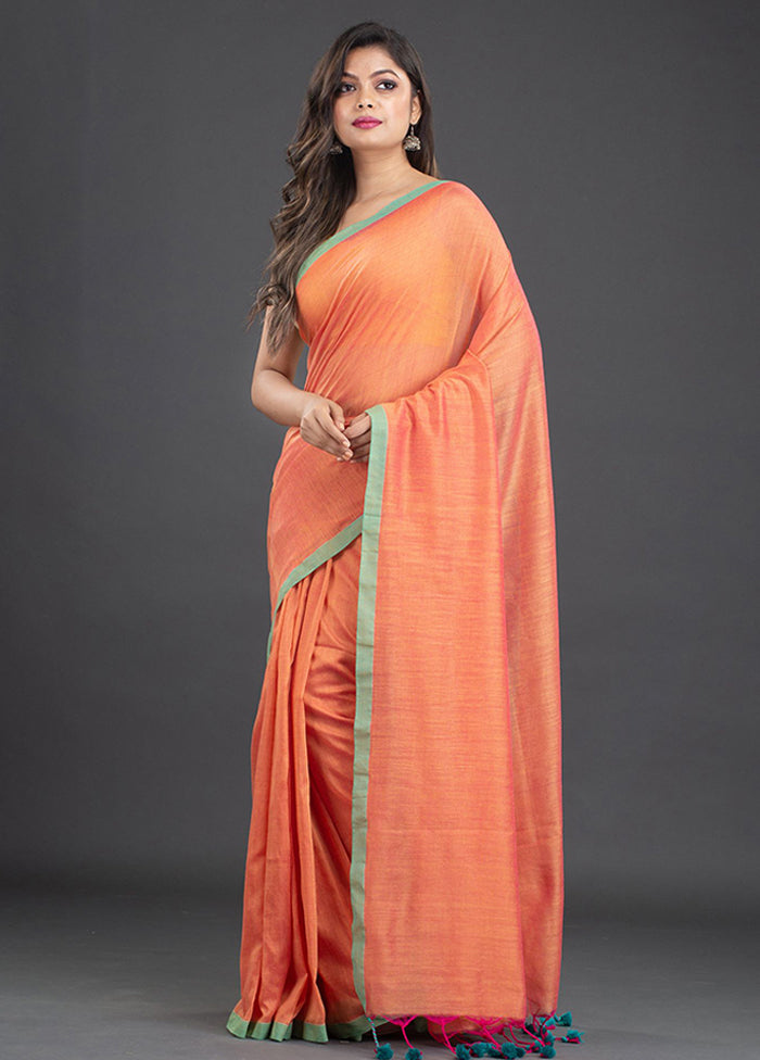 Fire Orange Pure Cotton Solid Saree With Blouse