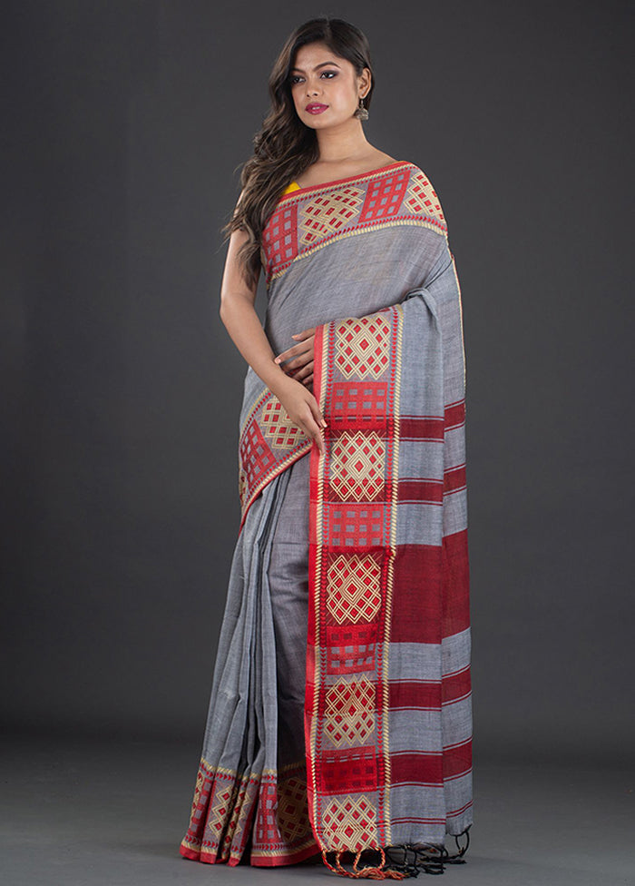 Grey Pure Cotton Saree With Blouse