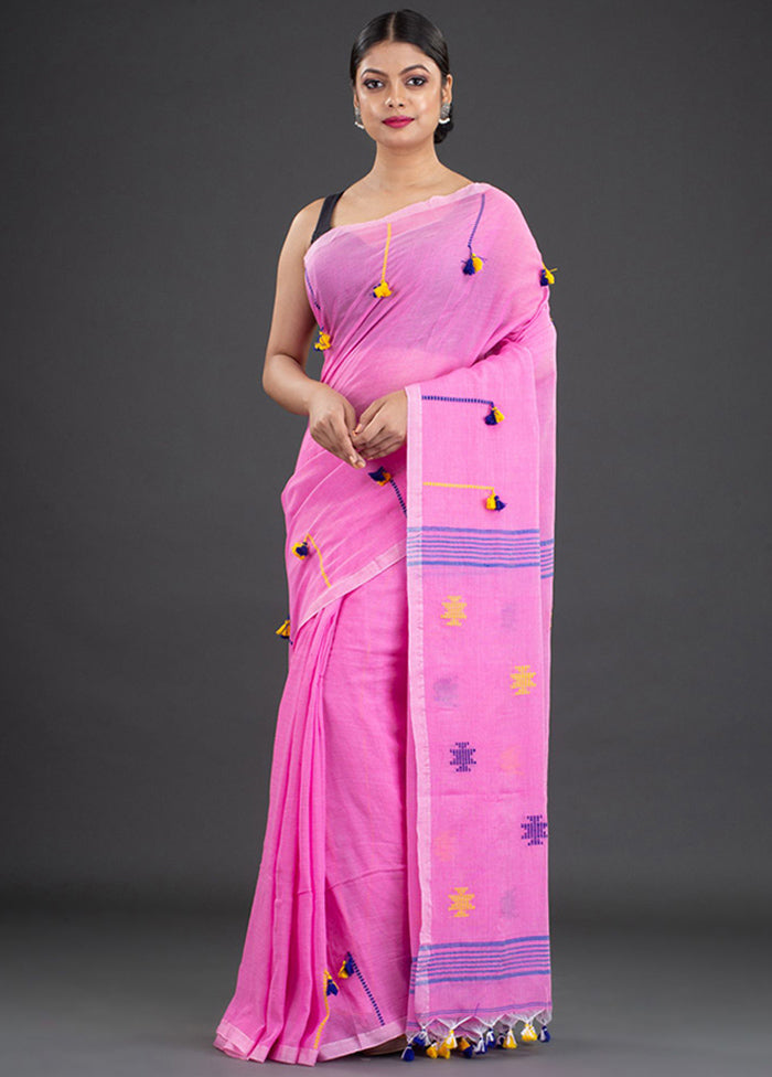 Pink Pure Cotton Floral Saree With Blouse