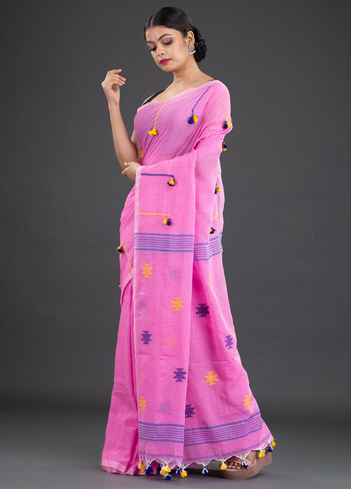 Pink Pure Cotton Floral Saree With Blouse