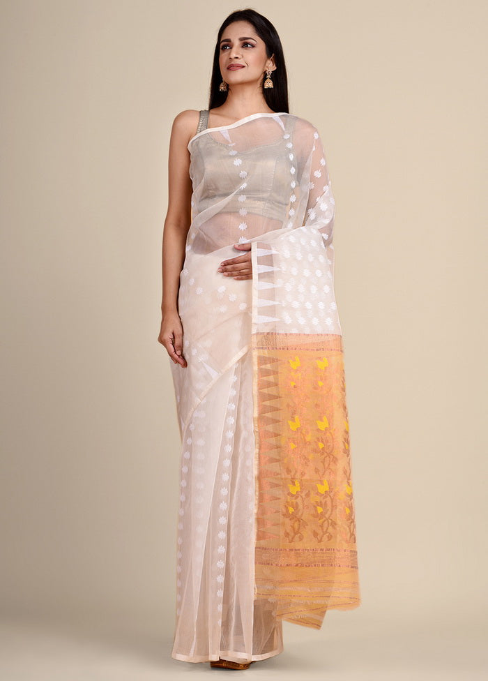 White Silk Handloom Jamadani Saree Without Blouse