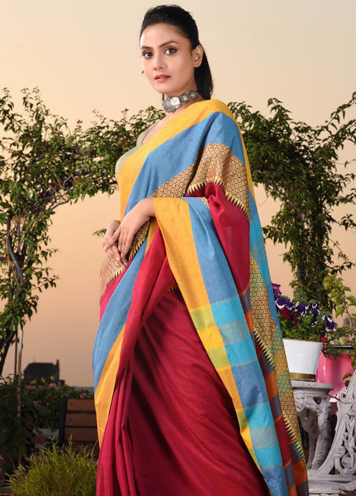 Magenta Pure Cotton Temple Design Saree With Blouse