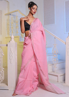 Baby Pink Pure Linen Saree With Blouse Piece