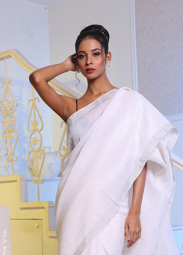 White Pure Linen Saree With Blouse Piece