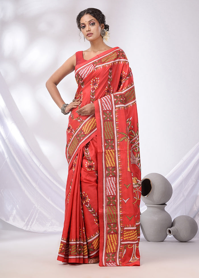 Red Spun Pure Silk Saree With Blouse Piece