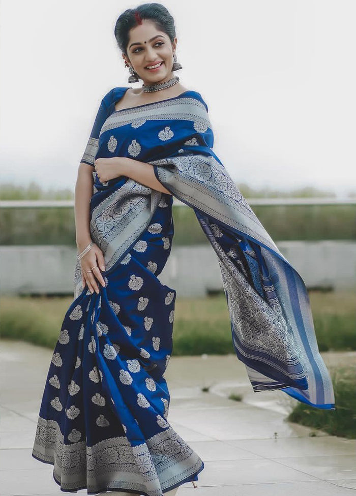 Blue Spun Silk Saree With Blouse Piece