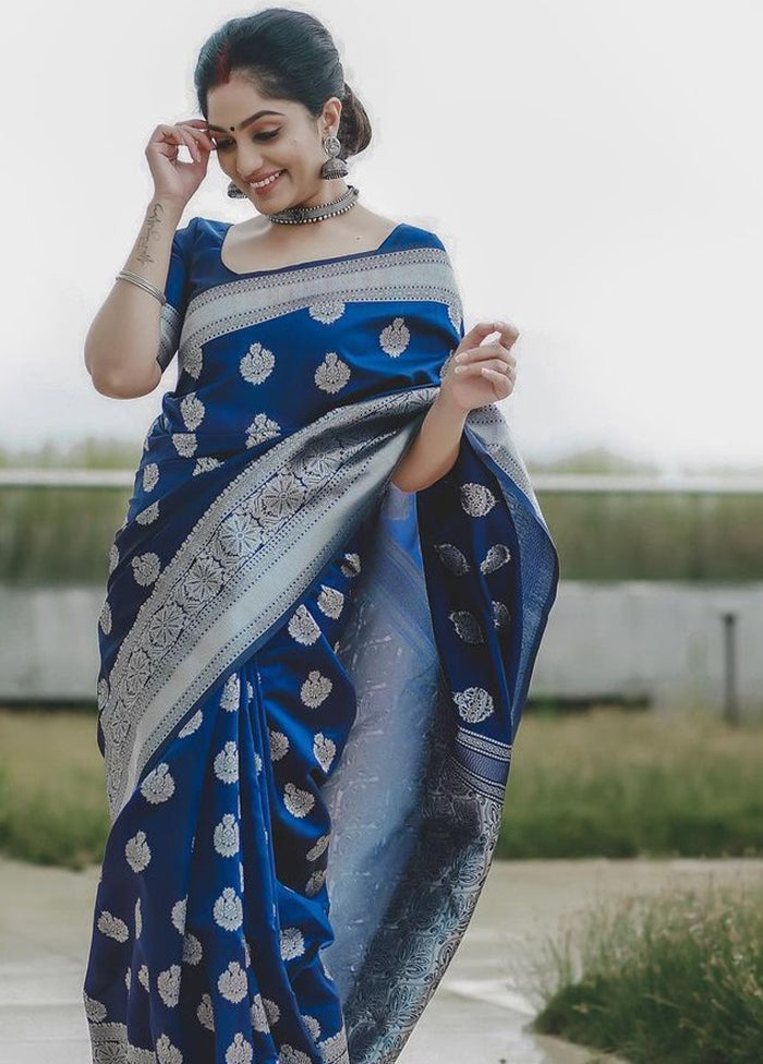 Blue Spun Silk Saree With Blouse Piece