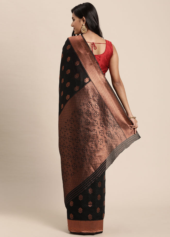 Black Spun Silk Saree With Blouse Piece