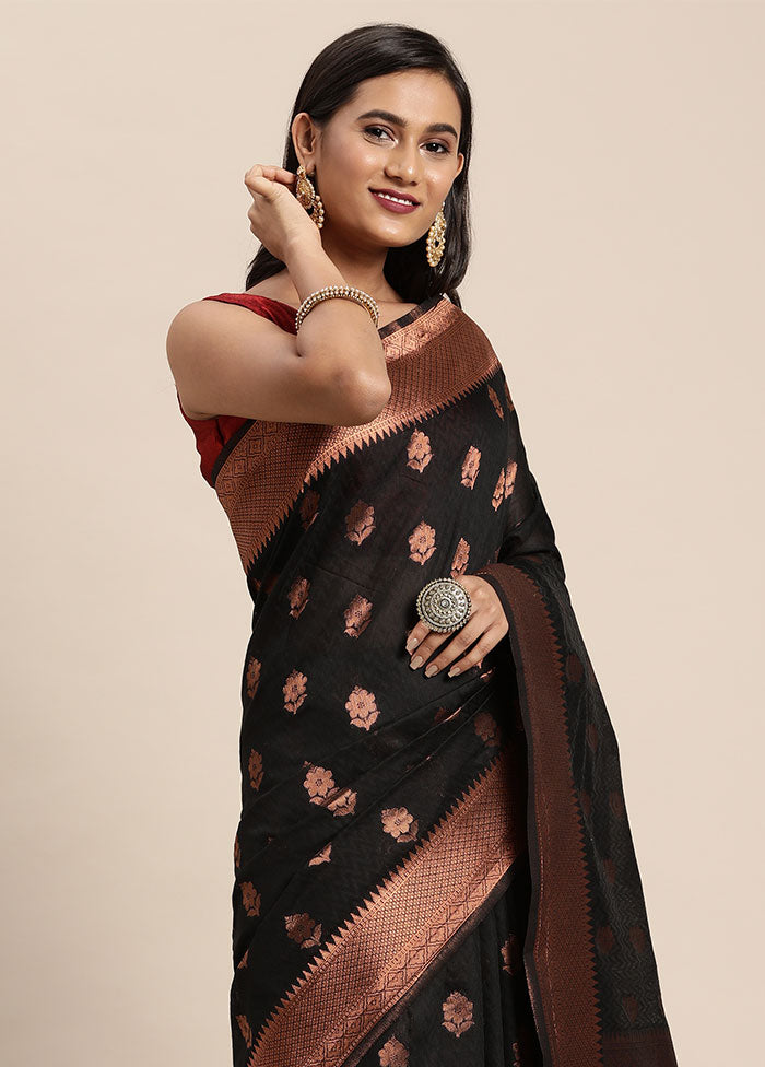 Black Spun Silk Saree With Blouse Piece