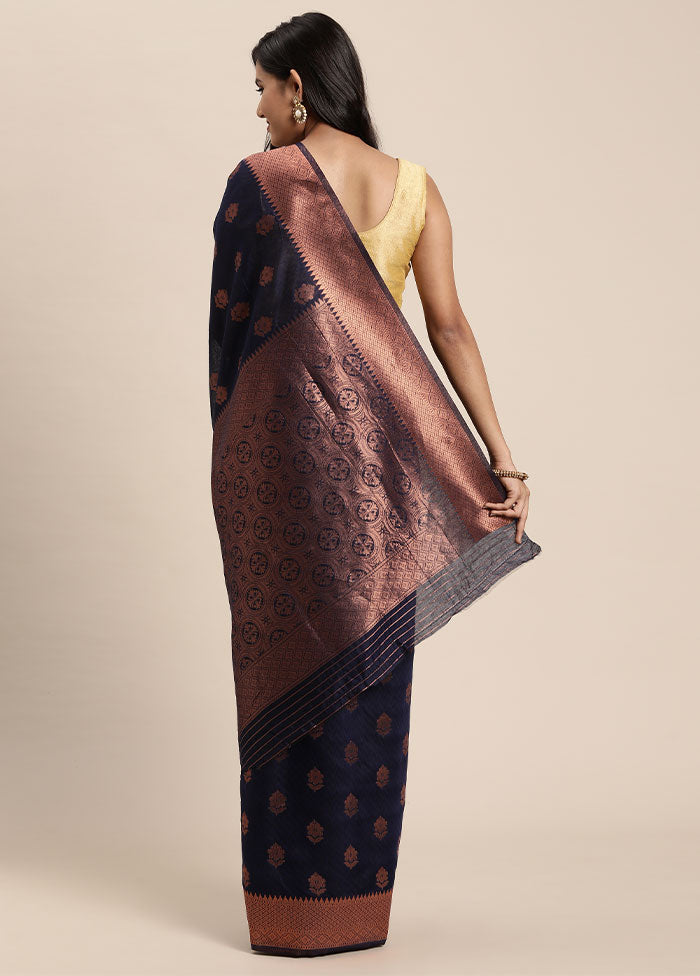 Navy Blue Spun Silk Saree With Blouse Piece