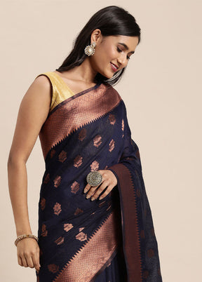 Navy Blue Spun Silk Saree With Blouse Piece