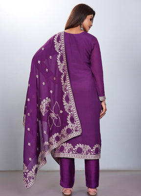 3 Pc Wine Readymade Silk Suit Set