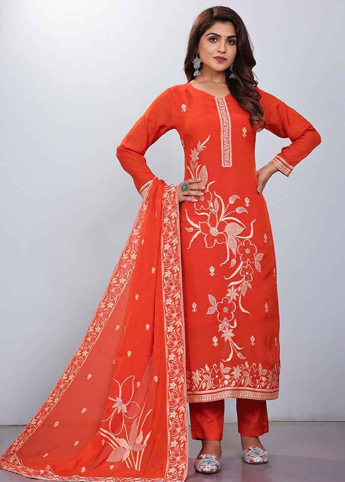 3 Pc Orange Readymade Silk Suit Set