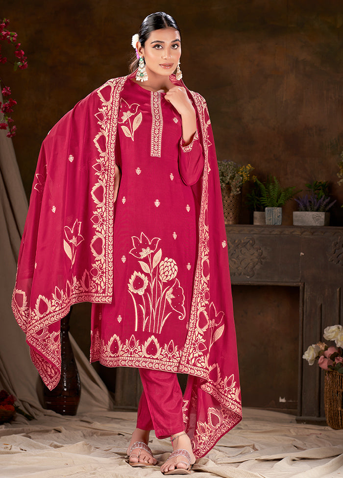 3 Pc Maroon Readymade Silk Suit Set