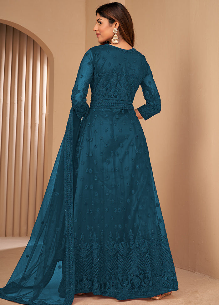 3 Pc Turquoise Unstitched Net Suit Set With Dupatta