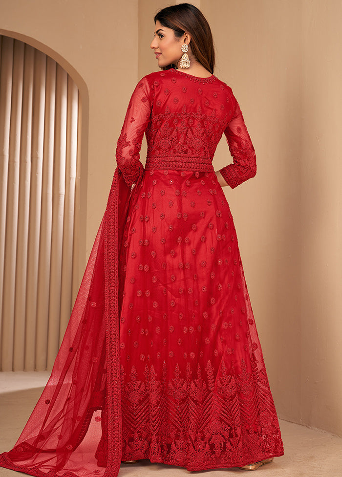 3 Pc Red Unstitched Net Suit Set With Dupatta