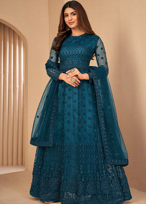 3 Pc Turquoise Unstitched Net Suit Set With Dupatta