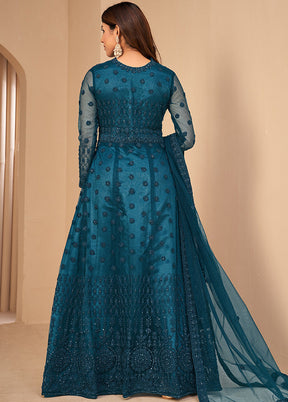 3 Pc Turquoise Unstitched Net Suit Set With Dupatta