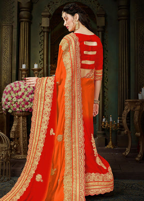 Red Chiffon Silk Embroidered Saree With Blouse Piece