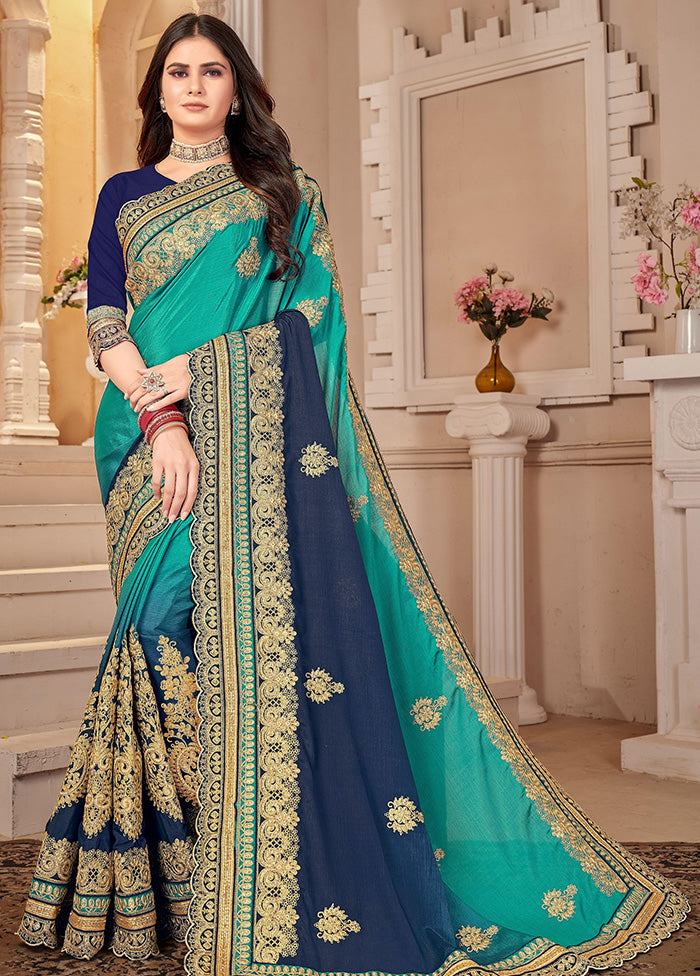 Sky Blue Chiffon Silk Embroidered Saree With Blouse Piece