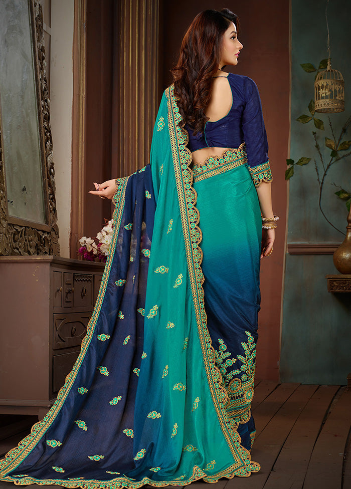 Blue Chiffon Silk Embroidered Saree With Blouse Piece