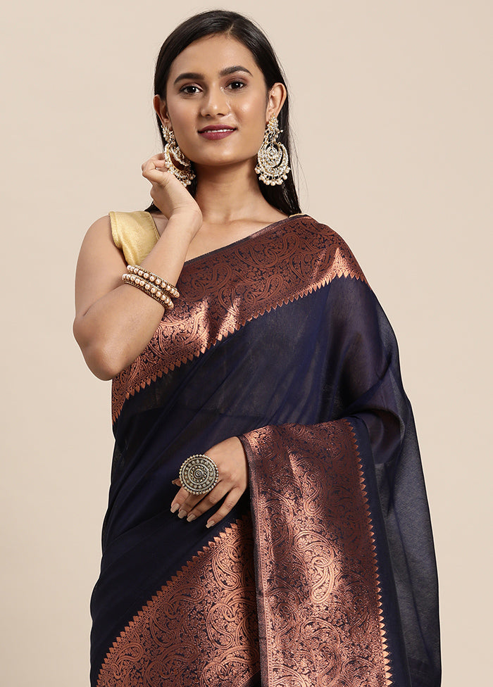 Blue Spun Silk Saree With Blouse Piece