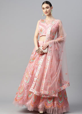 3 Pc Pink Crepe Semi Stitched Lehenga Set