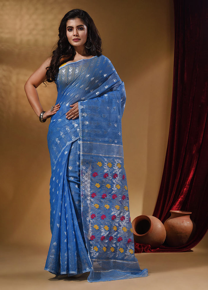 Sky Blue Tant Jamdani Saree With Blouse Piece