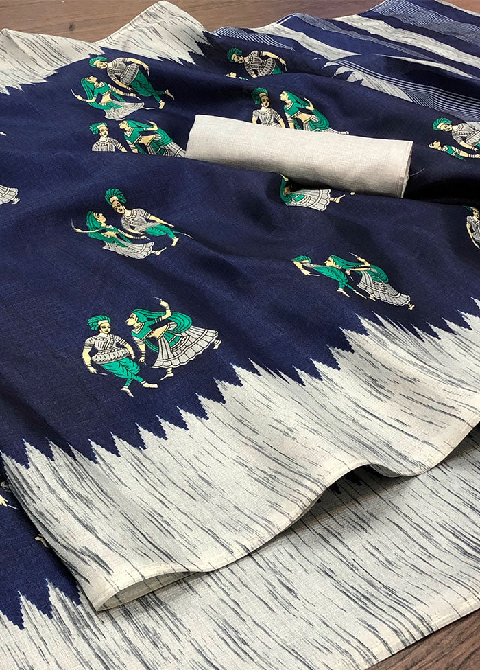 Dark Blue Spun Silk Woven Saree With Blouse Piece