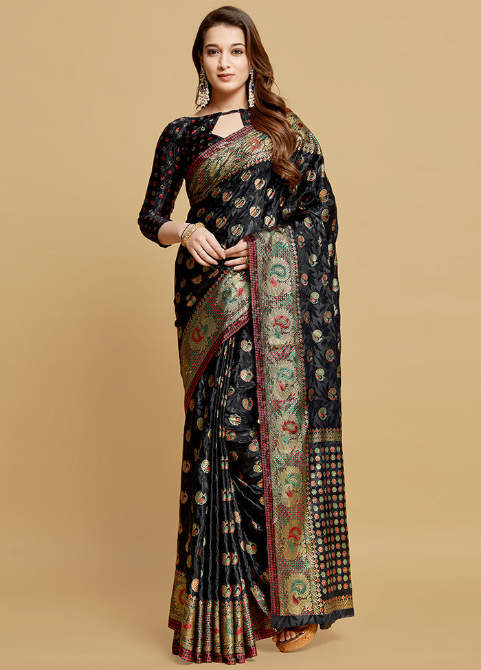 Black Spun Silk Saree With Blouse Piece