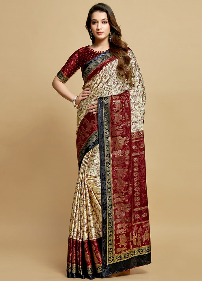 Maroon Spun Silk Saree With Blouse Piece