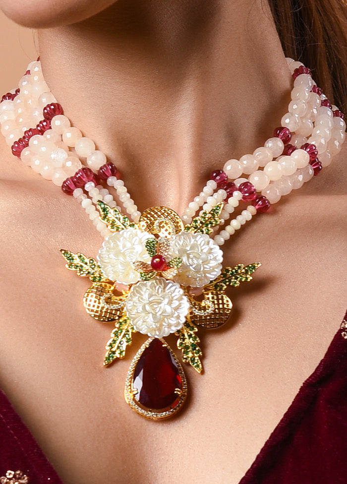 Gold Plated Mother Of Pearl Flower Necklace In Ruby