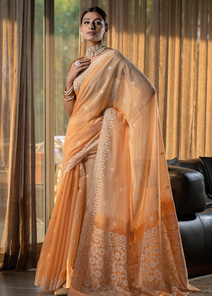 Orange Pure Cotton Saree With Blouse Piece