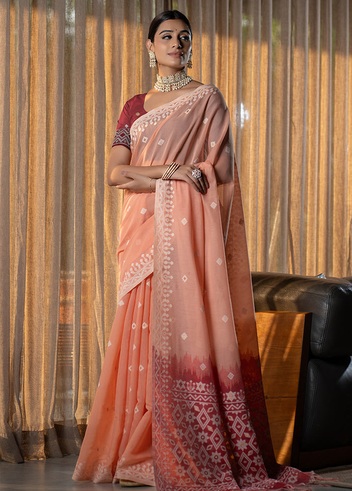 Peach Pure Cotton Saree With Blouse Piece