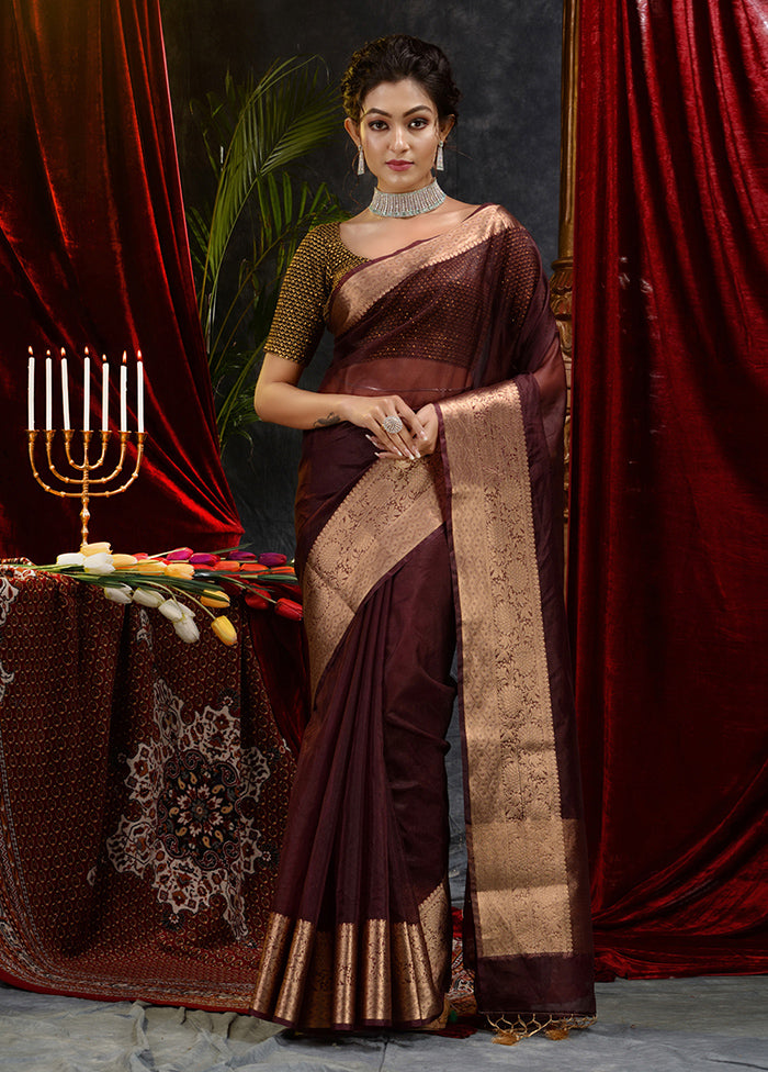 Brown Organza Saree With Blouse Piece