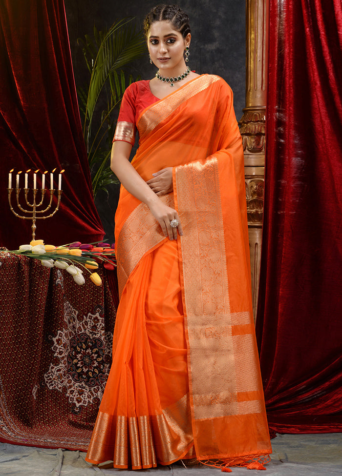 Orange Organza Saree With Blouse Piece