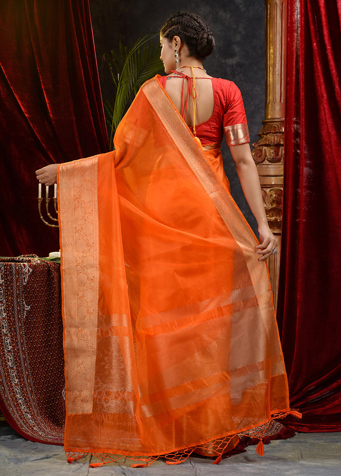 Orange Organza Saree With Blouse Piece