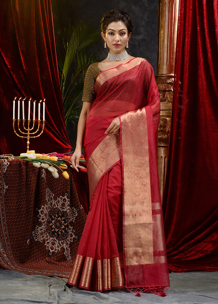 Maroon Organza Saree With Blouse Piece