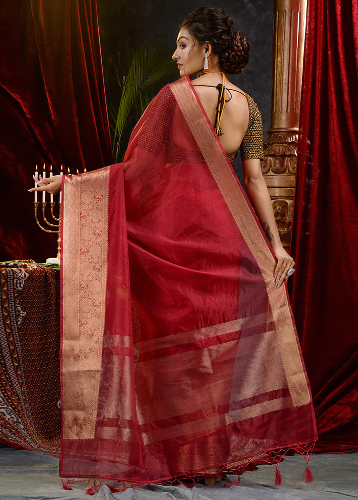 Maroon Organza Saree With Blouse Piece