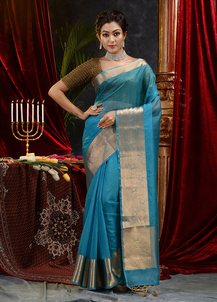 Blue Organza Saree With Blouse Piece