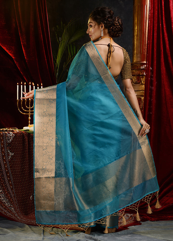 Blue Organza Saree With Blouse Piece