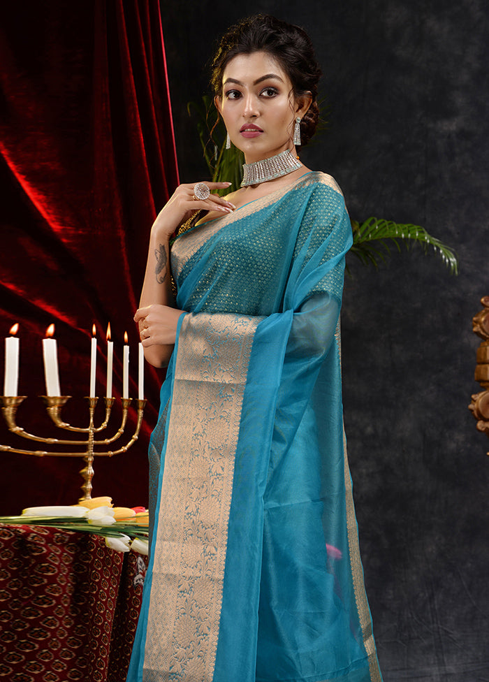 Blue Organza Saree With Blouse Piece