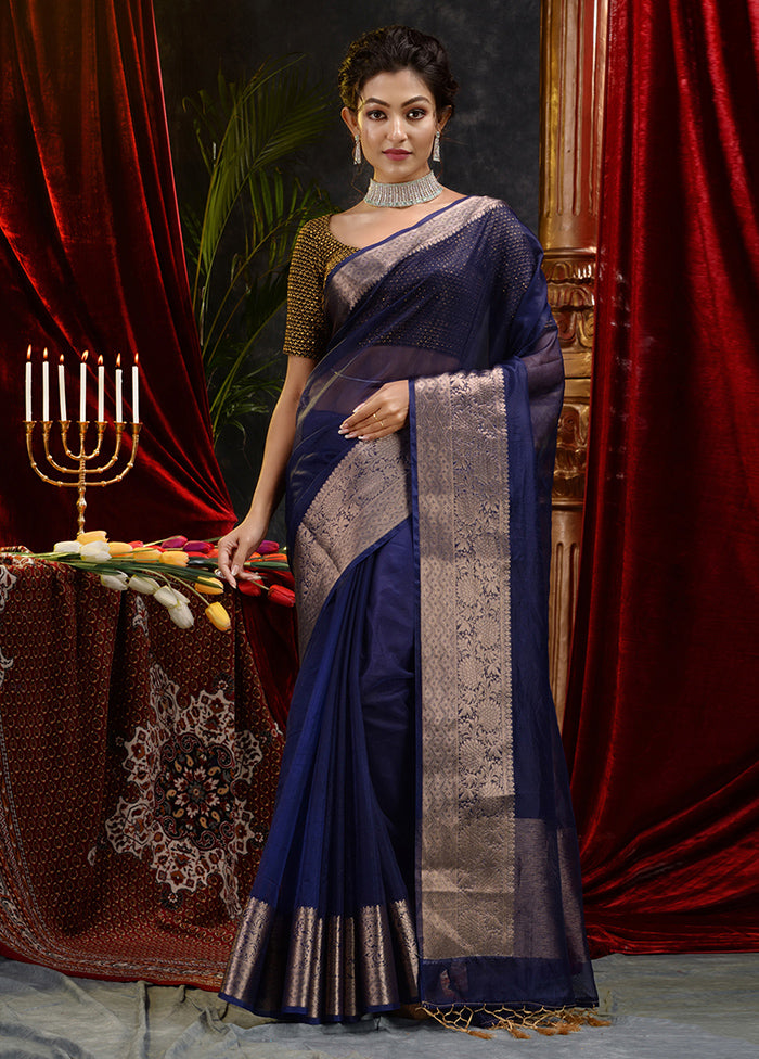 Navy Blue Organza Saree With Blouse Piece